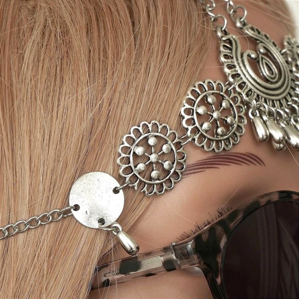 Boho Silver Tone Filigree Floral Head Chain Jewelry Festival Forehead‎ Piece - Picture 4 of 5